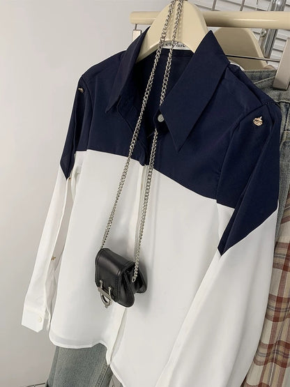 High-end contrast color POLO collar shirt for women French loose style chiffon long-sleeved top spring and autumn cardigan jacket