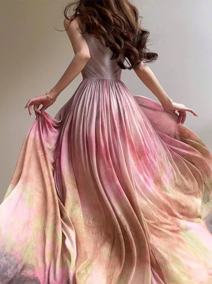 Aconiconi｜Rainforest Coral High-end and Exquisite French Printed Vacation Suspender Skirt Slimming Swing Dress
