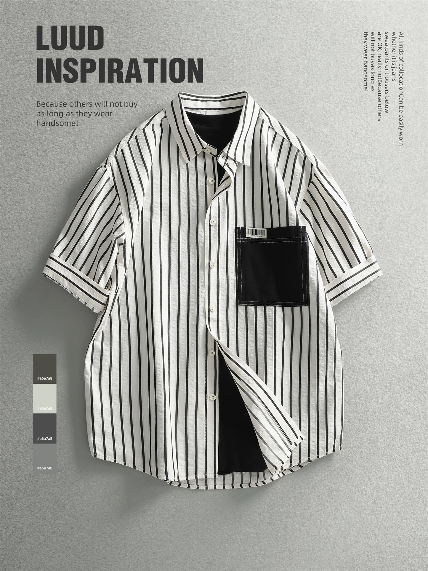 LUUD summer casual lapel short-sleeved shirt trendy casual American style handsome tops men's layered outer shirt
