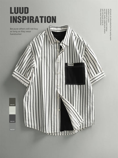 LUUD summer casual lapel short-sleeved shirt trendy casual American style handsome tops men's layered outer shirt