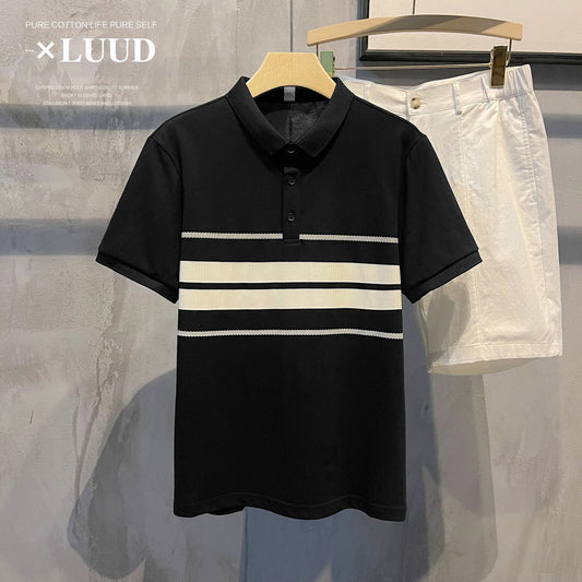 LUUD Korean version of the simple color matching striped slim fit POLO shirt casual retro versatile casual men's polo shirt summer
