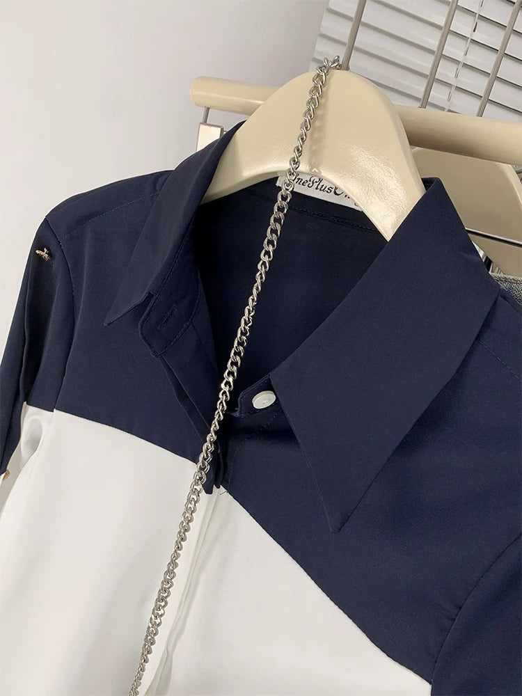 High-end contrast color POLO collar shirt for women French loose style chiffon long-sleeved top spring and autumn cardigan jacket