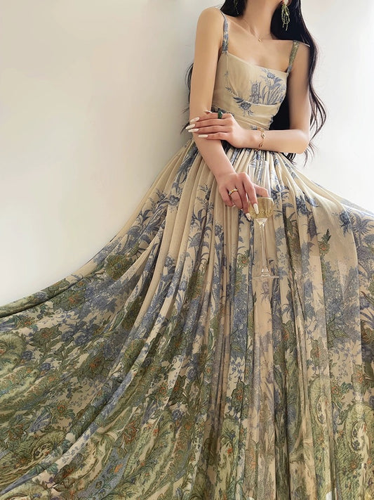 Aconiconi｜Rainforest Coral High-end and Exquisite French Printed Vacation Suspender Skirt Slimming Swing Dress