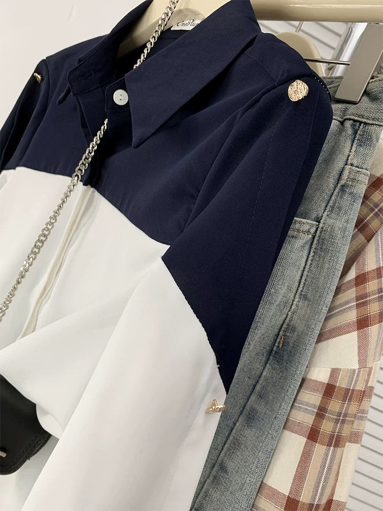 High-end contrast color POLO collar shirt for women French loose style chiffon long-sleeved top spring and autumn cardigan jacket
