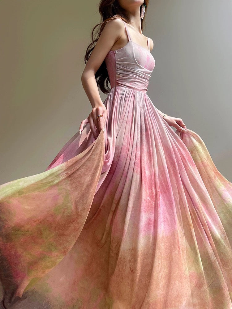 Aconiconi｜Rainforest Coral High-end and Exquisite French Printed Vacation Suspender Skirt Slimming Swing Dress