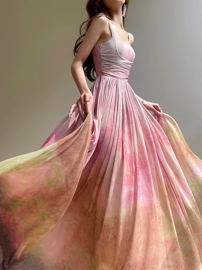 Aconiconi｜Rainforest Coral High-end and Exquisite French Printed Vacation Suspender Skirt Slimming Swing Dress