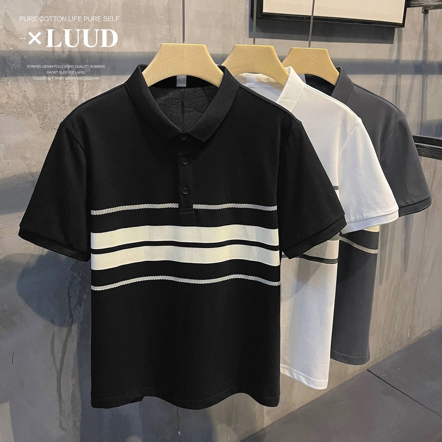 LUUD Korean version of the simple color matching striped slim fit POLO shirt casual retro versatile casual men's polo shirt summer