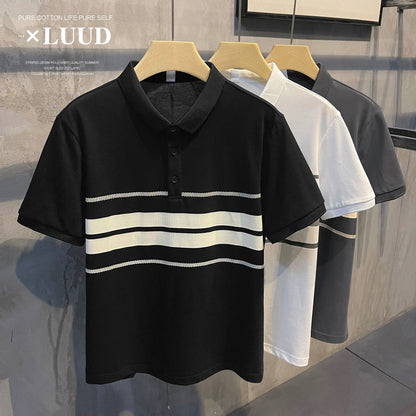 LUUD Korean version of the simple color matching striped slim fit POLO shirt casual retro versatile casual men's polo shirt summer