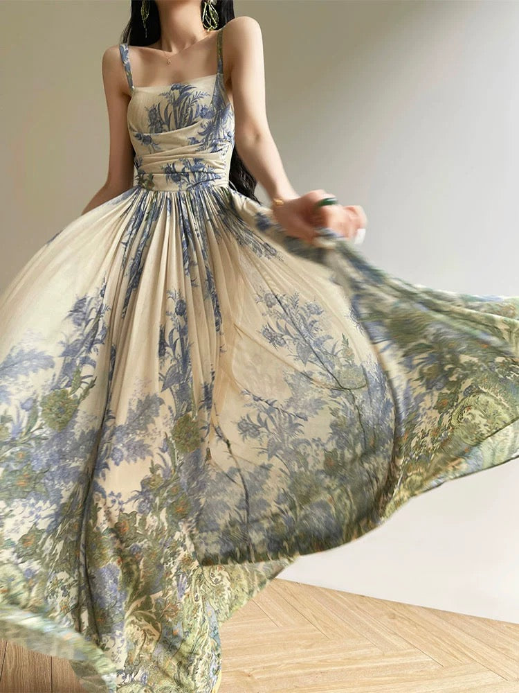 Aconiconi｜Rainforest Coral High-end and Exquisite French Printed Vacation Suspender Skirt Slimming Swing Dress