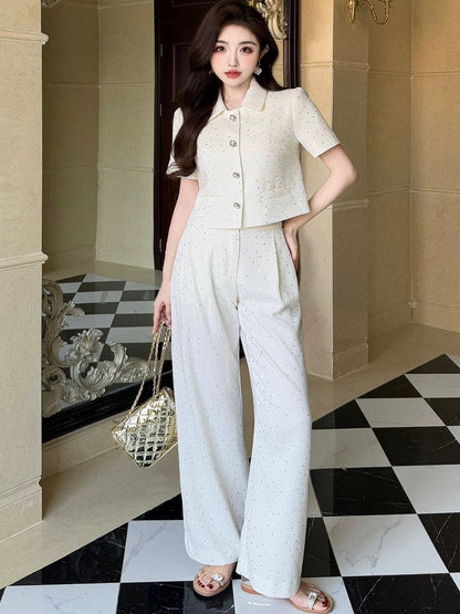 2025 summer new style small fragrance style celebrity temperament high-end heavy hot diamond top wide-leg pants slim and tall suit