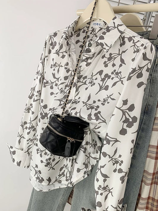 Chic retro colorful floral shirt women's fashionable and sophisticated chiffon long-sleeved top spring and autumn design niche