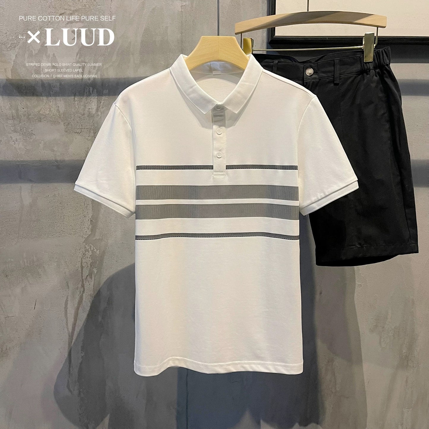 LUUD Korean version of the simple color matching striped slim fit POLO shirt casual retro versatile casual men's polo shirt summer