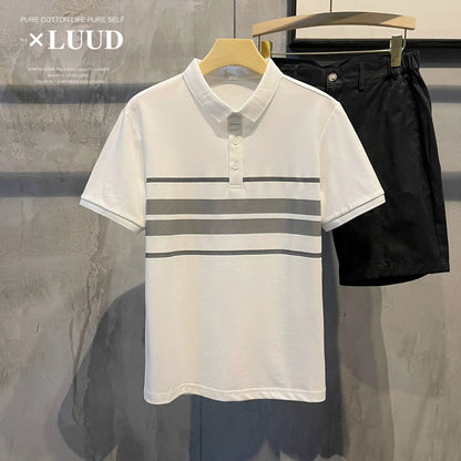 LUUD Korean version of the simple color matching striped slim fit POLO shirt casual retro versatile casual men's polo shirt summer