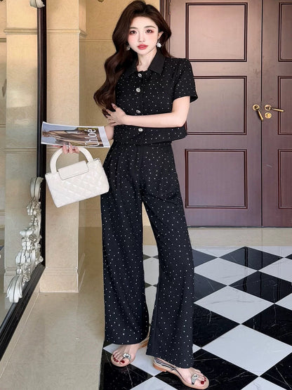2025 summer new style small fragrance style celebrity temperament high-end heavy hot diamond top wide-leg pants slim and tall suit