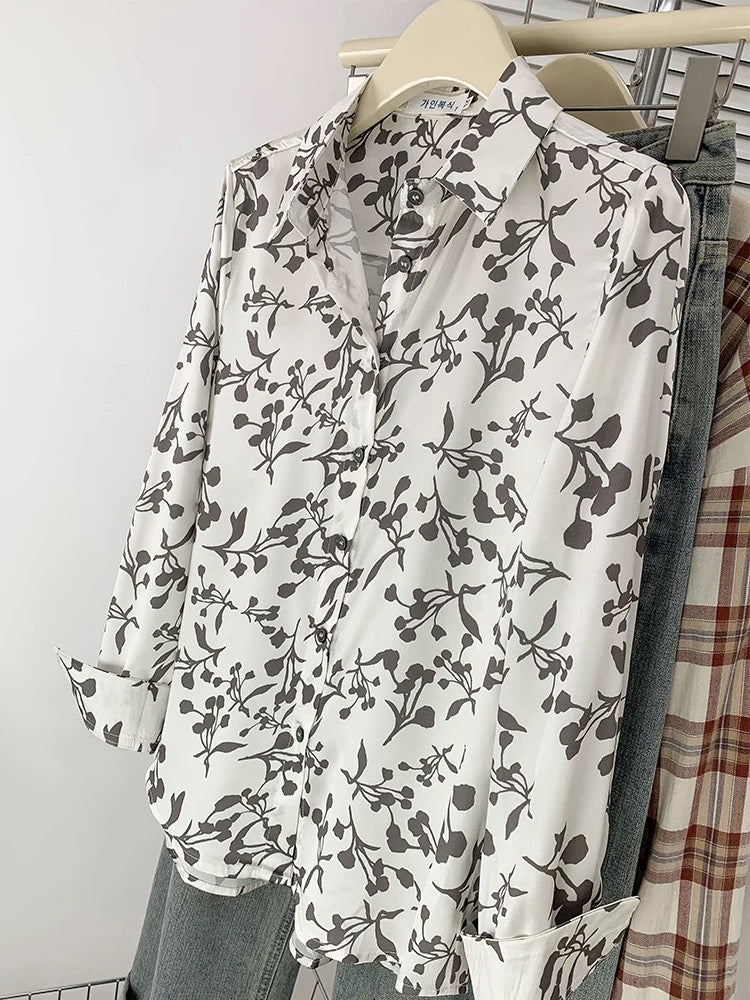 Chic retro colorful floral shirt women's fashionable and sophisticated chiffon long-sleeved top spring and autumn design niche