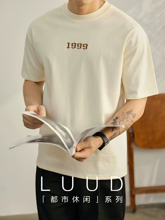 LUUD simple 1999 embroidery round neck short-sleeved T-shirt men's summer casual fashion cotton slightly dropped shoulder T-shirt top