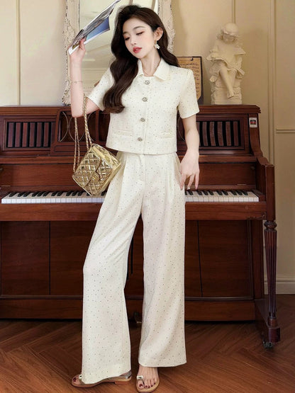2025 summer new style small fragrance style celebrity temperament high-end heavy hot diamond top wide-leg pants slim and tall suit