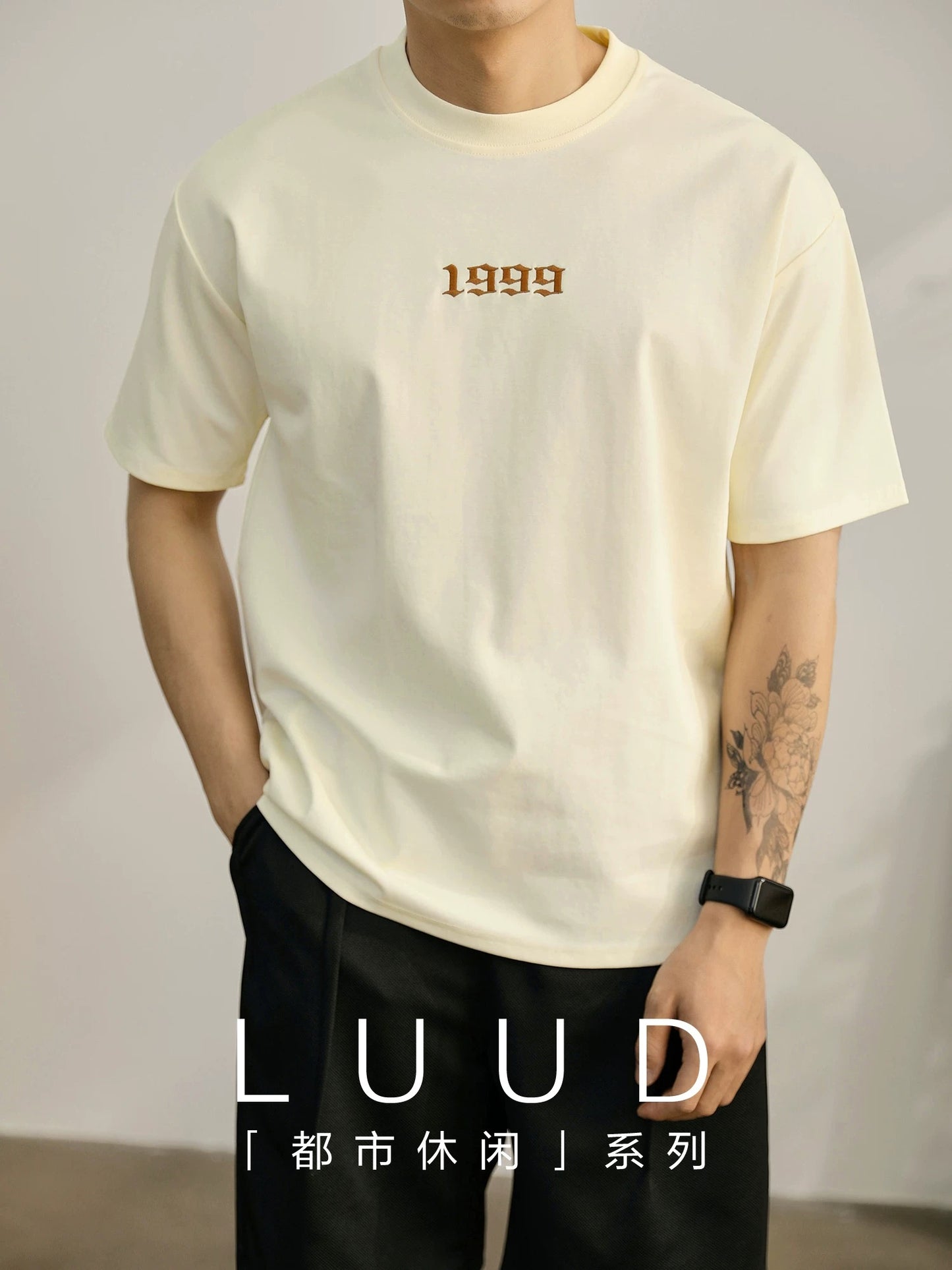 LUUD simple 1999 embroidery round neck short-sleeved T-shirt men's summer casual fashion cotton slightly dropped shoulder T-shirt top
