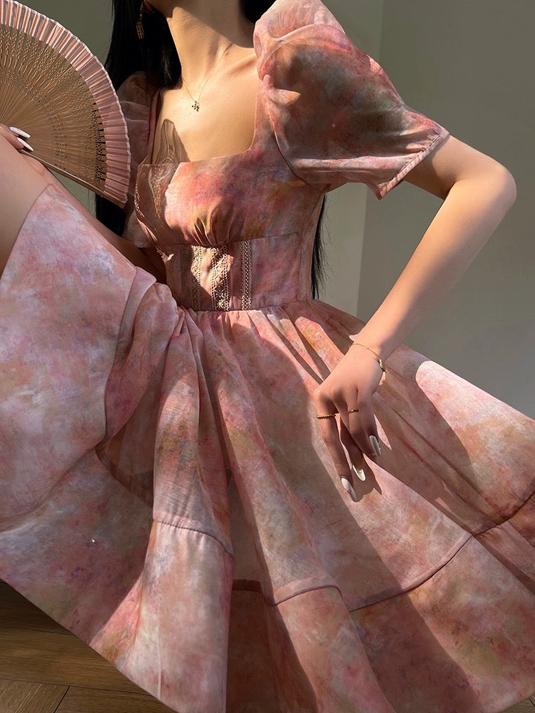 Aconiconi｜Neon Sweetheart French Printed Summer Waist Slimming Girly Small Short Skirt Dress