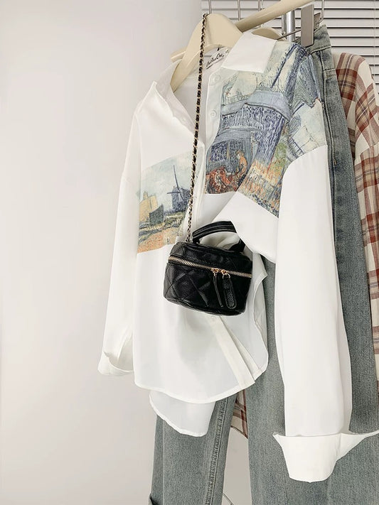 Hong Kong style retro printed white shirt for women French loose lazy chiffon long-sleeved top spring and autumn design niche