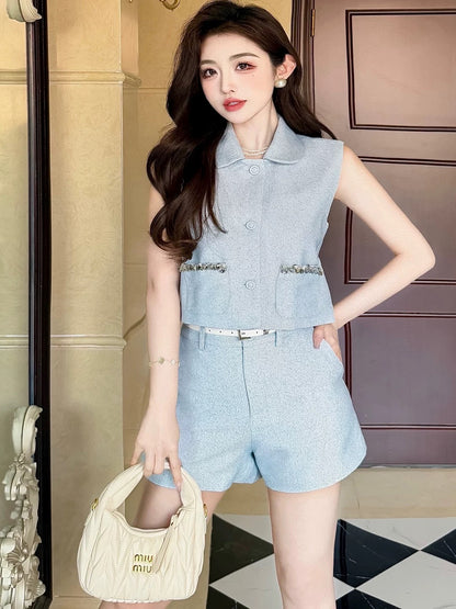 2025 Summer Nanyou light luxury niche design fashion heavy beaded vest top small fragrance style temperament shorts suit