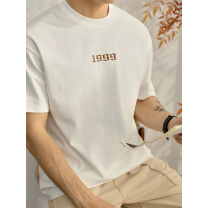 LUUD simple 1999 embroidery round neck short-sleeved T-shirt men's summer casual fashion cotton slightly dropped shoulder T-shirt top