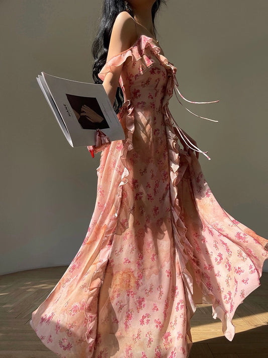 Aconiconi｜Xiamenghaitang French floral suspender skirt with slim waist, elegant long skirt and exquisite holiday dress