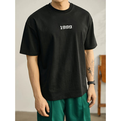 LUUD simple 1999 embroidery round neck short-sleeved T-shirt men's summer casual fashion cotton slightly dropped shoulder T-shirt top