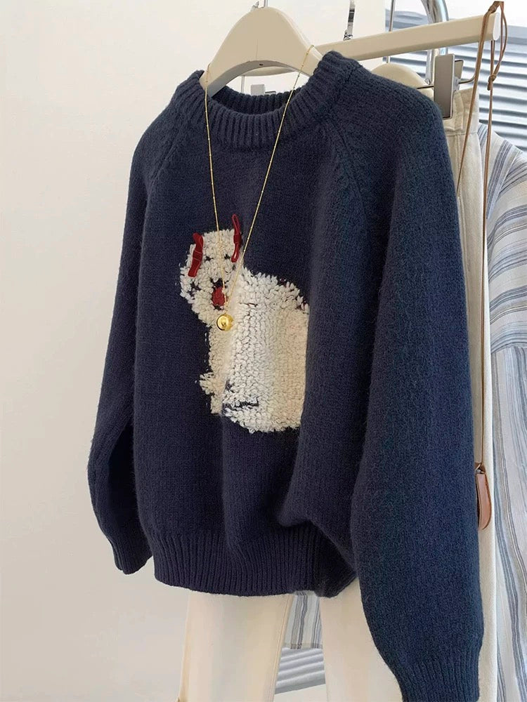 Navy round neck pullover sweater for women in autumn and winter, 2024 new style lazy style knitted sweater top for outer wear and inner wear