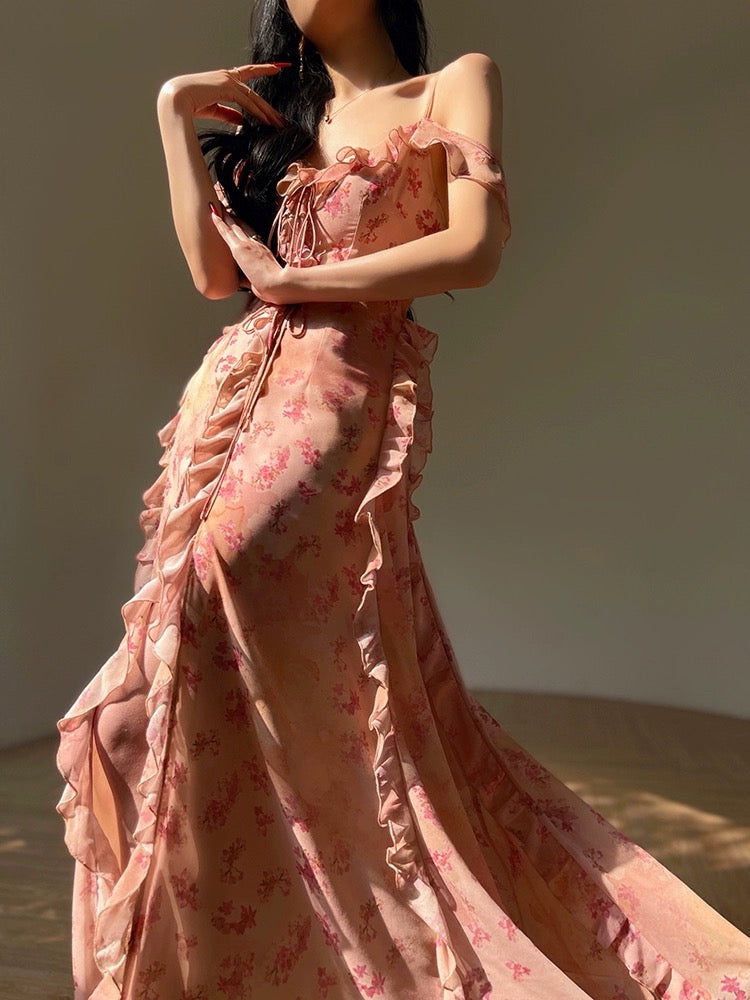 Aconiconi｜Xiamenghaitang French floral suspender skirt with slim waist, elegant long skirt and exquisite holiday dress