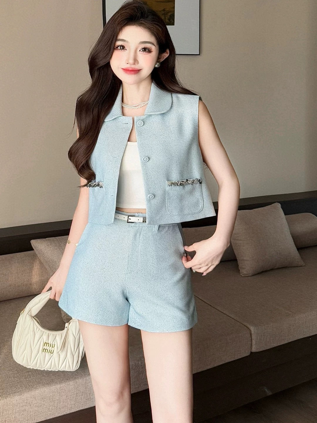 2025 Summer Nanyou light luxury niche design fashion heavy beaded vest top small fragrance style temperament shorts suit