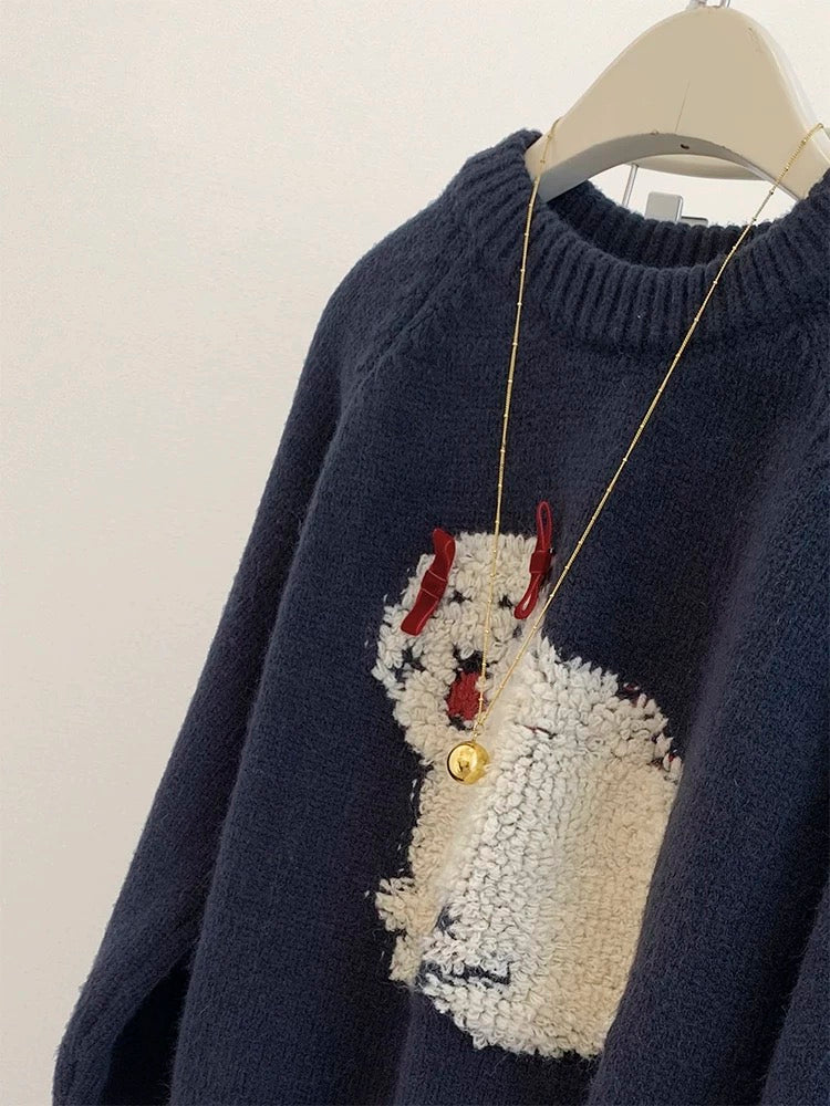 Navy round neck pullover sweater for women in autumn and winter, 2024 new style lazy style knitted sweater top for outer wear and inner wear