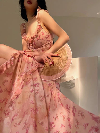 Aconiconi｜Xiamenghaitang French floral suspender skirt with slim waist, elegant long skirt and exquisite holiday dress