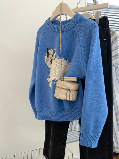 Navy round neck pullover sweater for women in autumn and winter, 2024 new style lazy style knitted sweater top for outer wear and inner wear