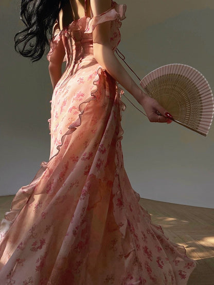 Aconiconi｜Xiamenghaitang French floral suspender skirt with slim waist, elegant long skirt and exquisite holiday dress