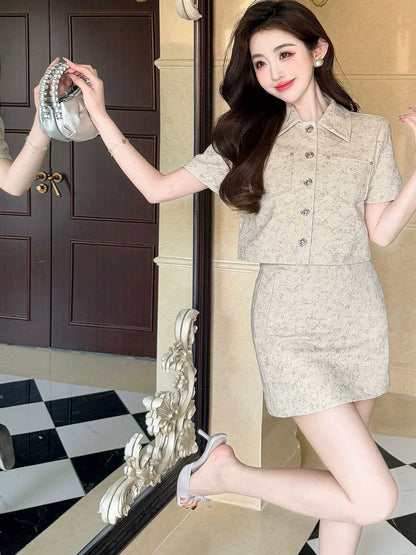 Summer high-end short-sleeved suit for women, age-reducing, small fragrance style, temperament, casual fashion, short skirt, denim two-piece suit