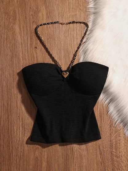 Black sweet and spicy chain halter neck strapless camisole top for women, suitable for both inner and outer wear, short and slim-fitting summer top.
