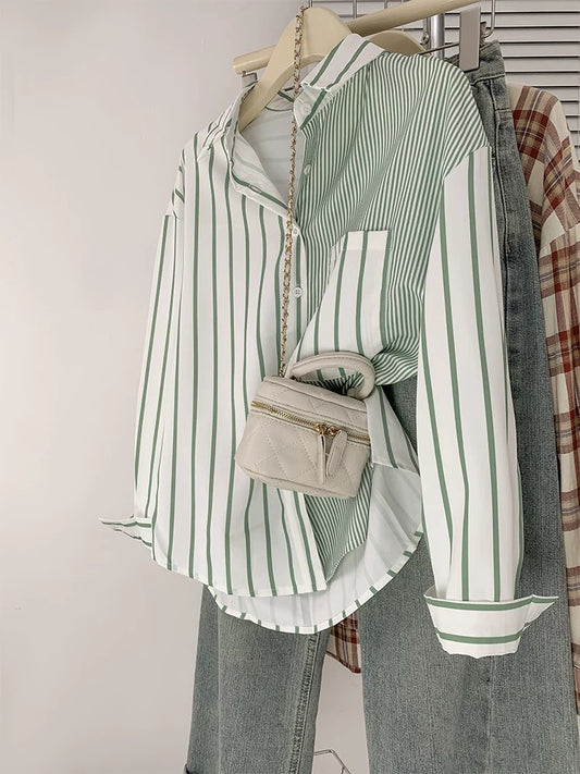 French fresh Hong Kong style striped shirt, feminine retro style chiffon long-sleeved top, autumn design niche
