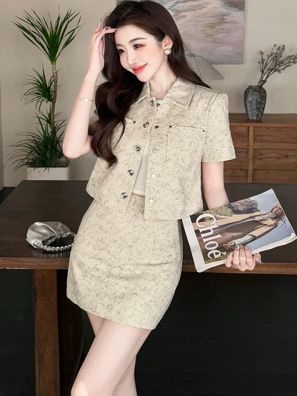 Summer high-end short-sleeved suit for women, age-reducing, small fragrance style, temperament, casual fashion, short skirt, denim two-piece suit