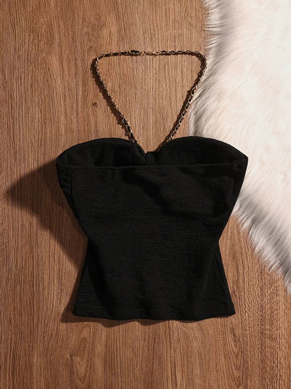 Black sweet and spicy chain halter neck strapless camisole top for women, suitable for both inner and outer wear, short and slim-fitting summer top.