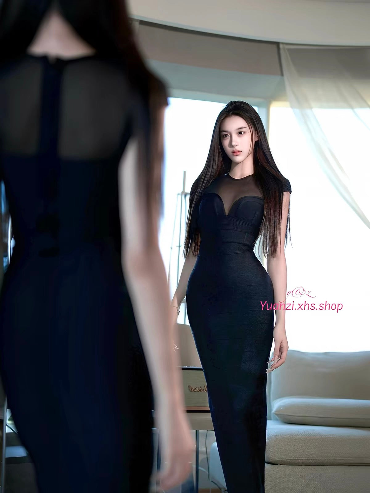 YUANZI "Black Iris" – Black bodycon maxi dress featuring spliced mesh panels and integrated strap detailing.