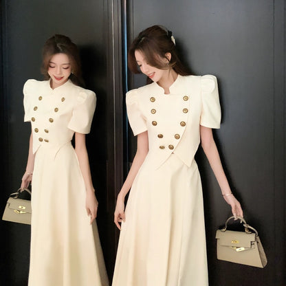Palace-style design, irregular white top, high-waisted skirt suit, women's summer small fragrant style pleated long skirt two-piece set