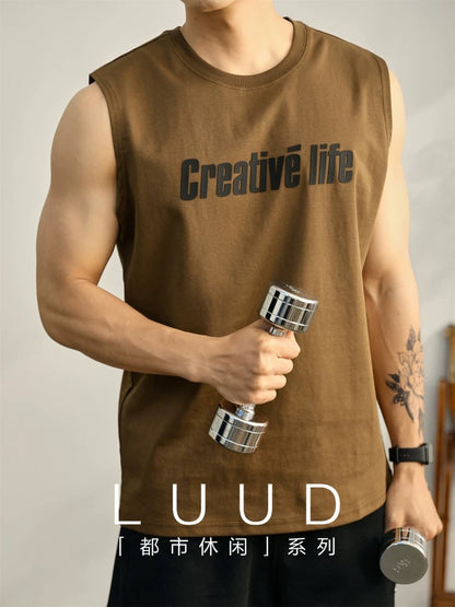 LUUD Retro simple round neck sleeveless T-shirt men's comfortable cool sports style casual waistcoat vest top