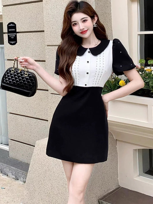 Nanyou high-end women's clothing celebrity Xiaoxiang style bubble sleeve nail diamond contrast color lapel A-line dress little black dress summer