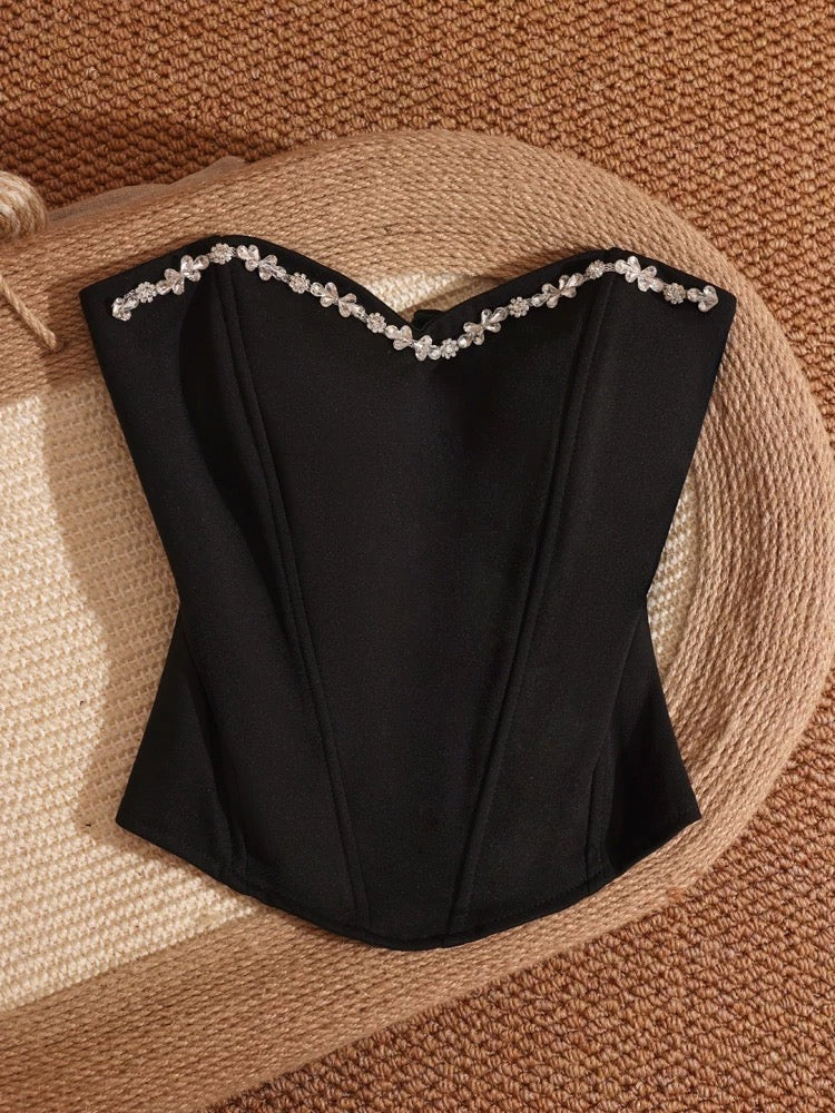 Fishbone strapless top with padded bra, solid color, slimming, inner layer, sexy heavy-duty rhinestone shorts, camisole for women