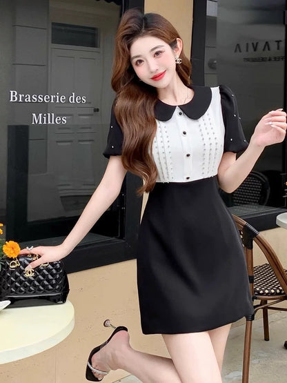 Nanyou high-end women's clothing celebrity Xiaoxiang style bubble sleeve nail diamond contrast color lapel A-line dress little black dress summer