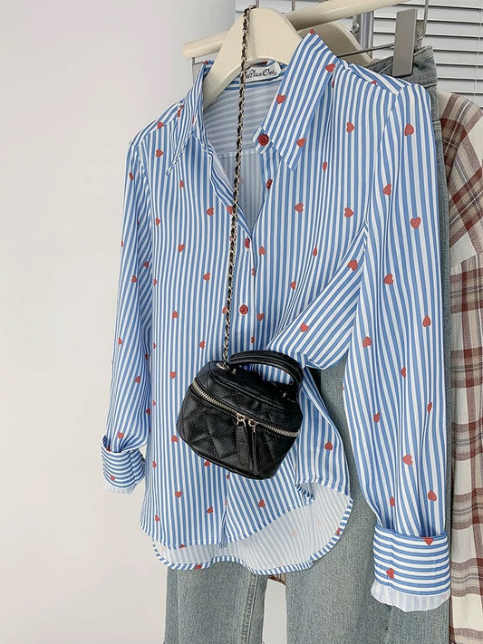 Chic blue striped printed shirt women's high-end drape commuting chiffon long-sleeved top spring and autumn chic shirt