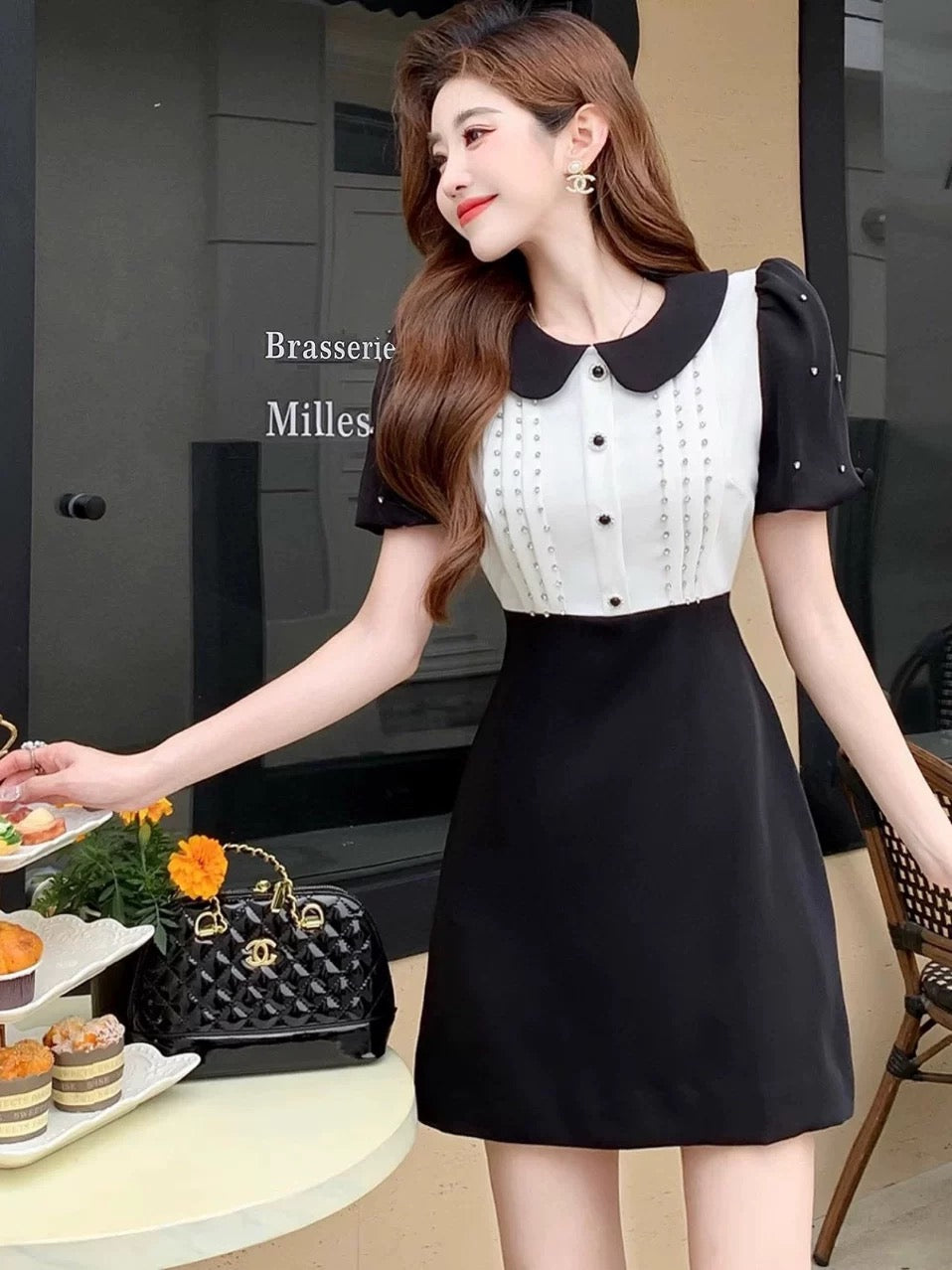 Nanyou high-end women's clothing celebrity Xiaoxiang style bubble sleeve nail diamond contrast color lapel A-line dress little black dress summer