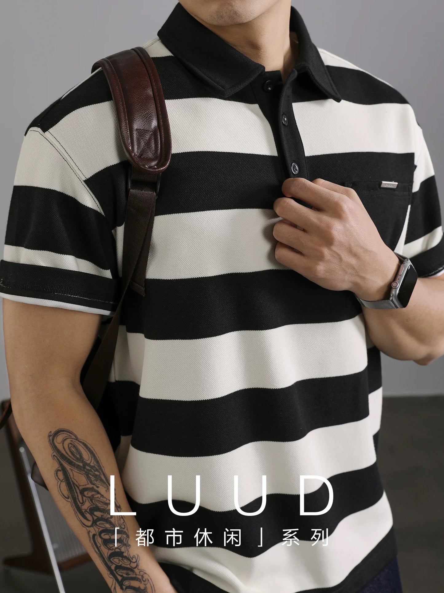 LUUD men's classic black and white contrast striped polo shirt breathable summer pique mesh lapel Paul short sleeve
