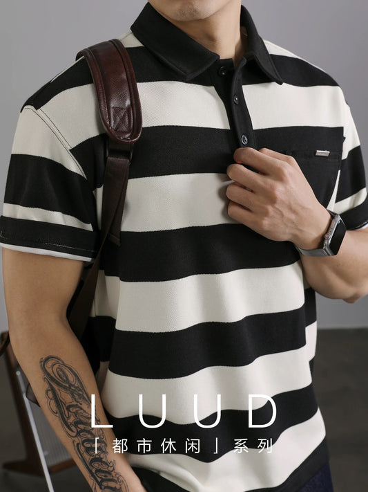 LUUD men's classic black and white contrast striped polo shirt breathable summer pique mesh lapel Paul short sleeve